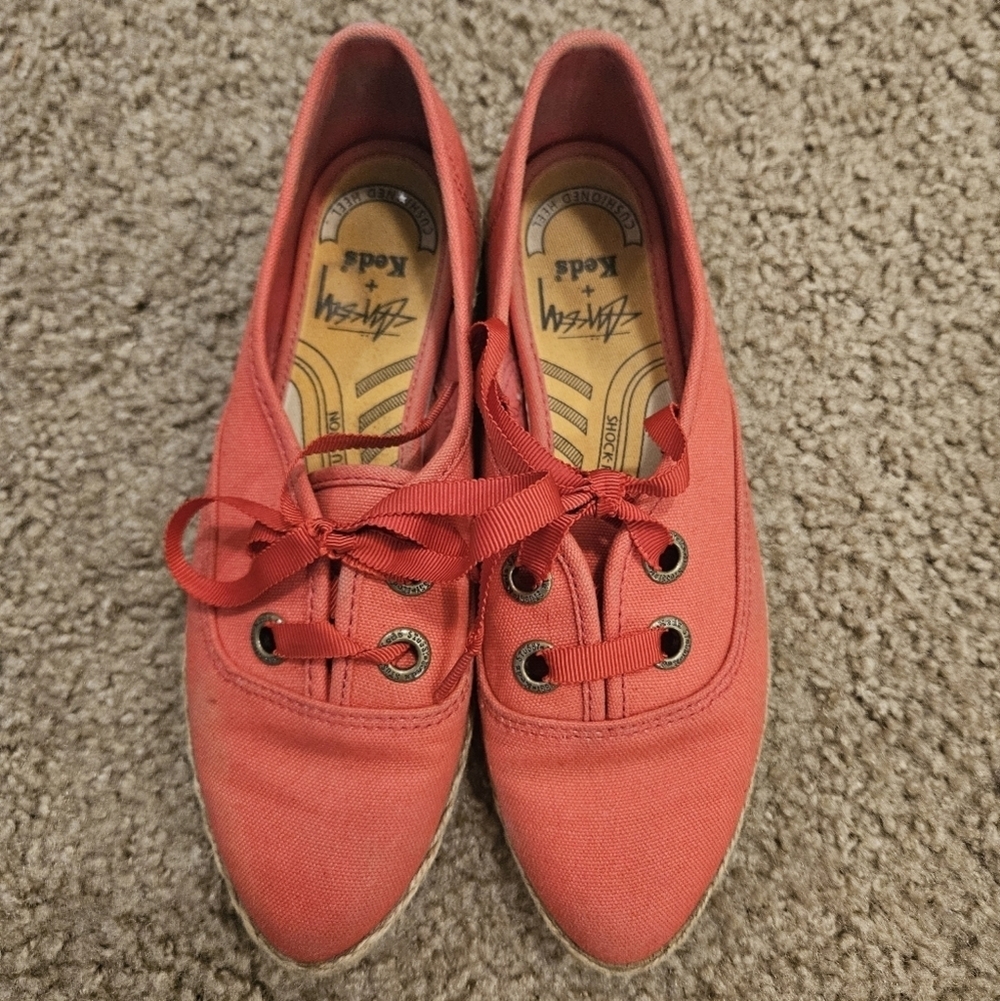 Stussy X Keds Women's Red Bardot Jute Espadrille Shoes w/ Ribbon Ties, Size 6
